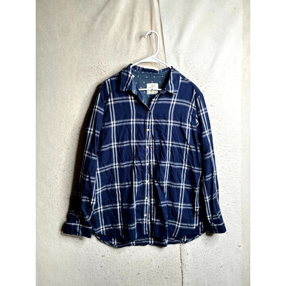 JACHS Girlfriend Shirt Women Large Blue White Plaid Rayon Long Sleeve Pearl Snap